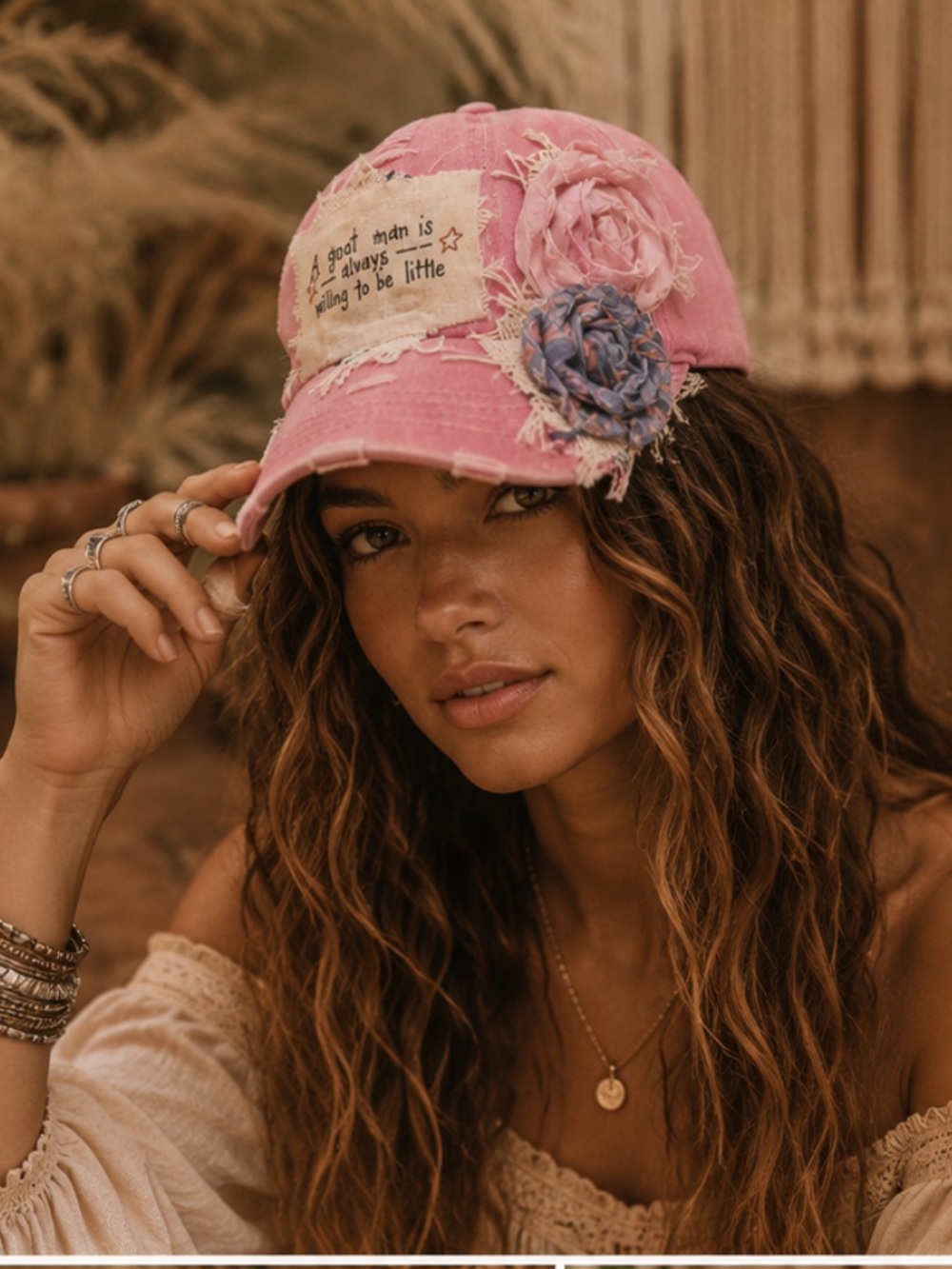 Pink Floral Appliqué Distressed Baseball Cap
